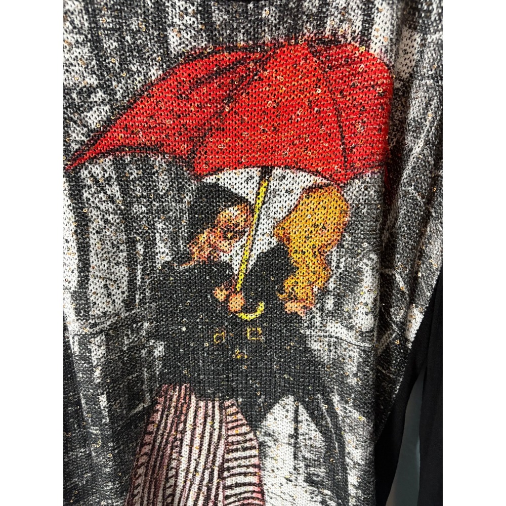 Tricotto Womens Sequin Red Umbrella Graphic Long Sleeve Top L Artsy Parisian